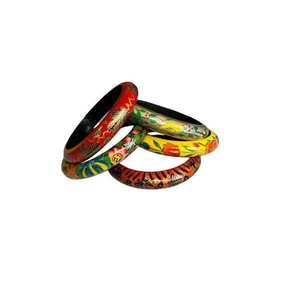 Vintage Hand Painted Wood Bangle Bracelets, Set of 5 - Picture 10 of 10